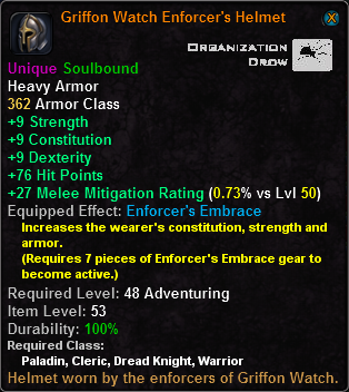 In-game tooltip for Griffon Watch Enforcer's Helmet