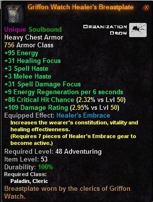 In-game tooltip for Griffon Watch Healer's Breastplate