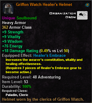 In-game tooltip for Griffon Watch Healer's Helmet