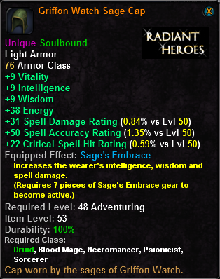 In-game tooltip for Griffon Watch Sage Cap