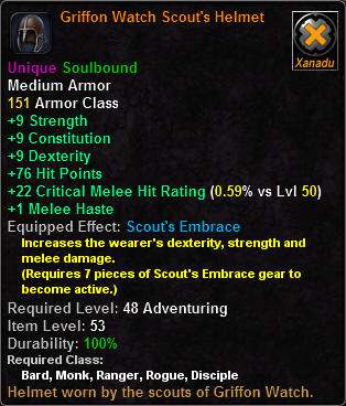 In-game tooltip for Griffon Watch Scout's Helmet