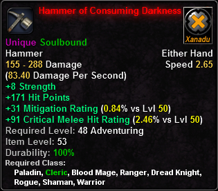 In-game tooltip for Hammer of Consuming Darkness