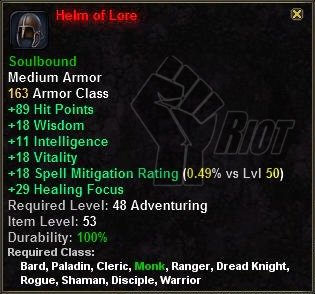 In-game tooltip for Helm of Lore