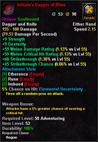 In-game tooltip for Initiate's Dagger of Rites