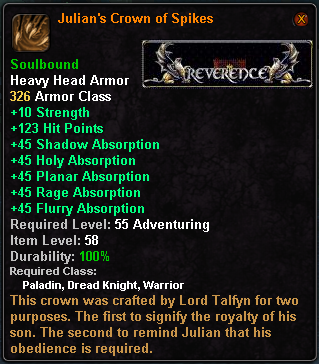 In-game tooltip for Julian's Crown of Spikes