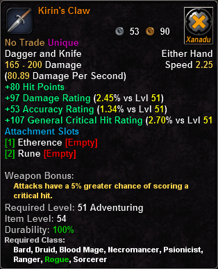 In-game tooltip for Kirin's Claw