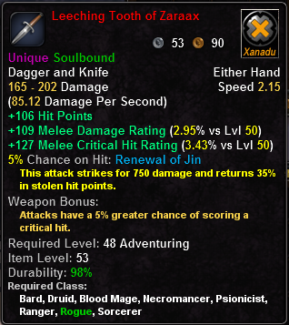 In-game tooltip for Leeching Tooth of Zaraax