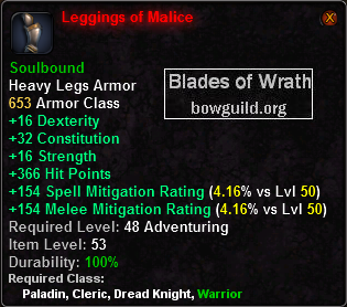 In-game tooltip for Leggings of Malice