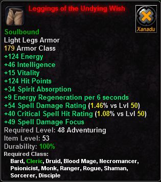 In-game tooltip for Leggings of the Undying Wish