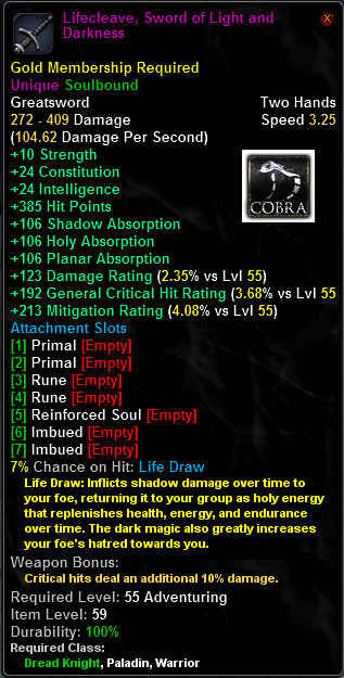 In-game tooltip for Lifecleave, Sword of Light and Darkness
