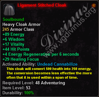 In-game tooltip for Ligament Stitched Cloak