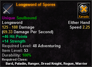In-game tooltip for Longsword of Spores