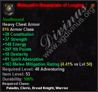 In-game tooltip for Malazath's Breastplate of Longing