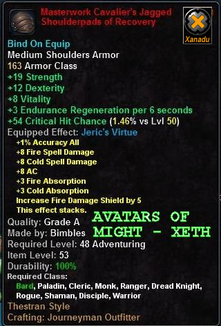 In-game tooltip for Masterwork Cavalier's Jagged Shoulderpads of Recovery