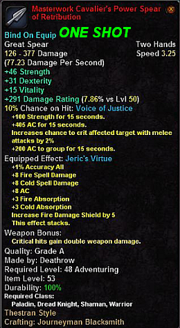 In-game tooltip for Masterwork Cavalier's Power Spear of Retribution