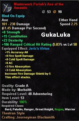 In-game tooltip for Masterwork Pariah's Axe of the Assassin