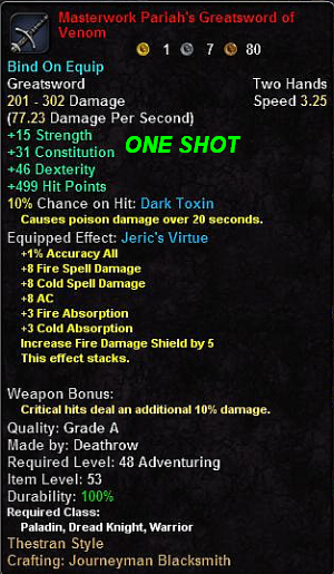 In-game tooltip for Masterwork Pariah's Greatsword of Venom