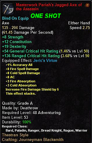 In-game tooltip for Masterwork Pariah's Jageed Axe of the Assassin