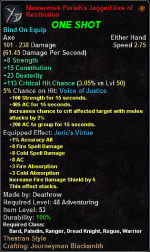 In-game tooltip for Masterwork Pariah's Jagged Axe of Retribution