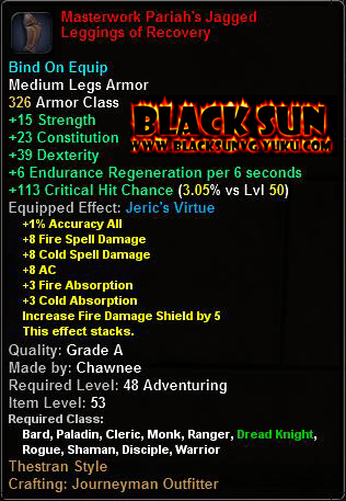 In-game tooltip for Masterwork Pariah's Jagged Leggings of Recovery