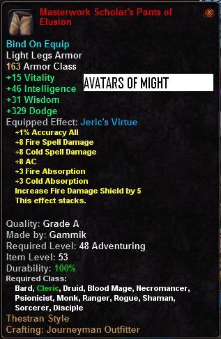 In-game tooltip for Masterwork Scholar's Pants of Elusion