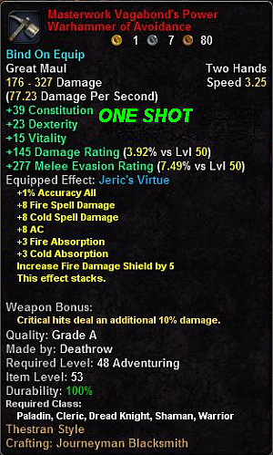 In-game tooltip for Masterwork Vagabond's Power Warhammer of Avoidance
