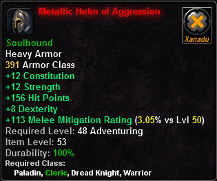 In-game tooltip for Metallic Helm of Agression