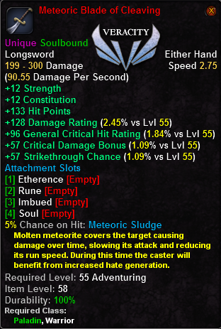 In-game tooltip for Metoric Blade of Cleaving
