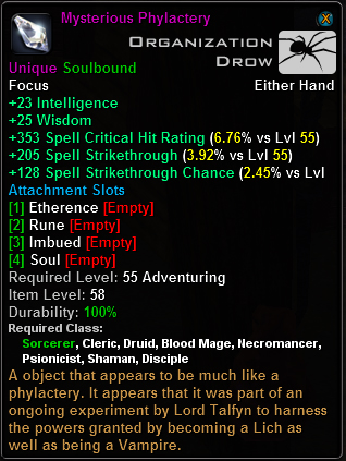 In-game tooltip for Mysterious Phylactery