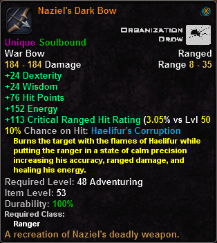 In-game tooltip for Naziel's Dark Bow