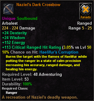 In-game tooltip for Naziel's Dark Crossbow