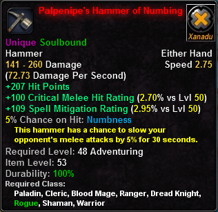 In-game tooltip for Palpenipe's Hammer of Numbing