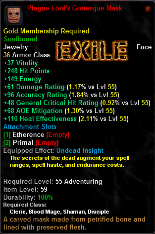 In-game tooltip for Plague Lord's Grotesque Mask