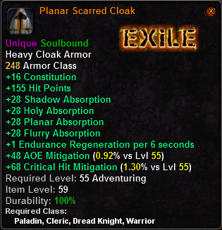 In-game tooltip for Planar Scarred Cloak