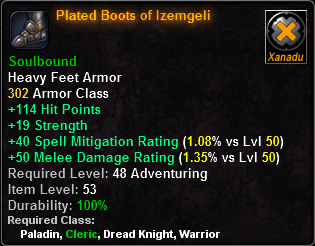 In-game tooltip for Plated Boots of Izemgeli