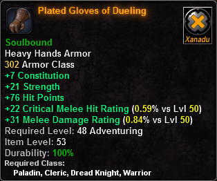 In-game tooltip for Plated Gloves of Dueling