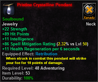 In-game tooltip for Pristine Crystalline Pendant