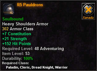 In-game tooltip for R5 Pauldrons