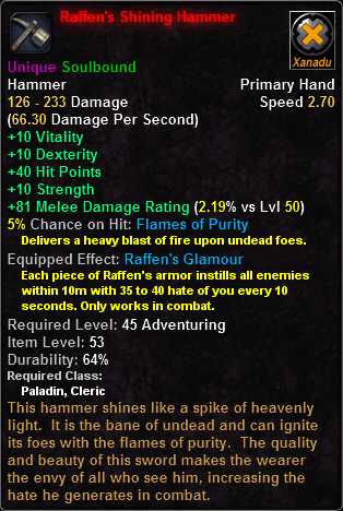 In-game tooltip for Raffen's Shining Hammer