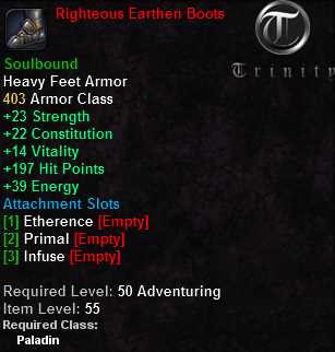 In-game tooltip for Righteous Earthen Boots