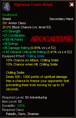 In-game tooltip for Righteous Frozen Shield