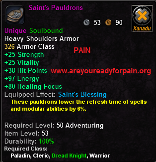 In-game tooltip for Saint's Pauldrons