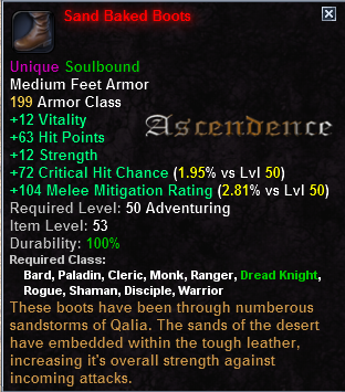 In-game tooltip for Sand Baked Boots