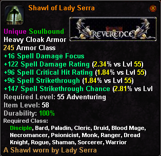 In-game tooltip for Shawl of Lady Serra