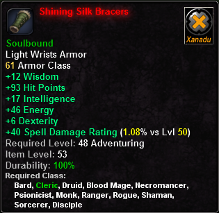 In-game tooltip for Shining Silk Bracers