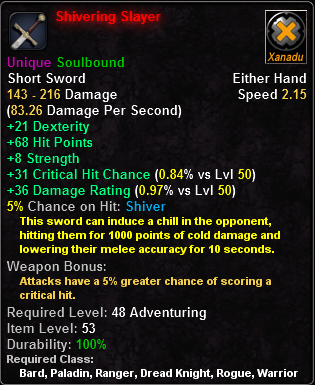 In-game tooltip for Shivering Slayer