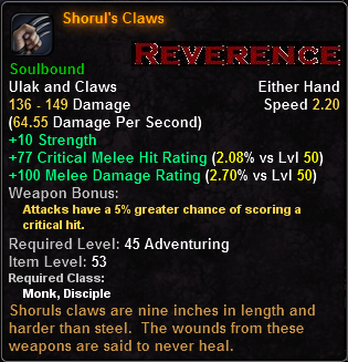 In-game tooltip for Shorul's Claw