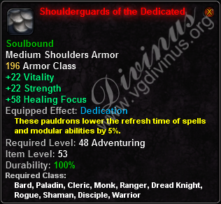 In-game tooltip for Shoulderguards of the Dedicated