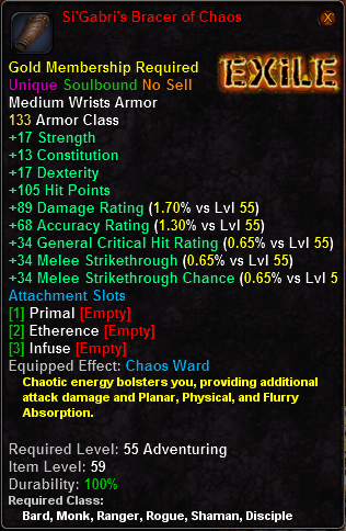 In-game tooltip for Si'Gabri's Bracer of Chaos
