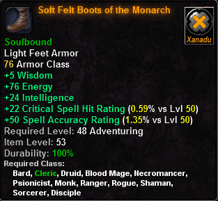In-game tooltip for Soft Felt Boots of the Monarch